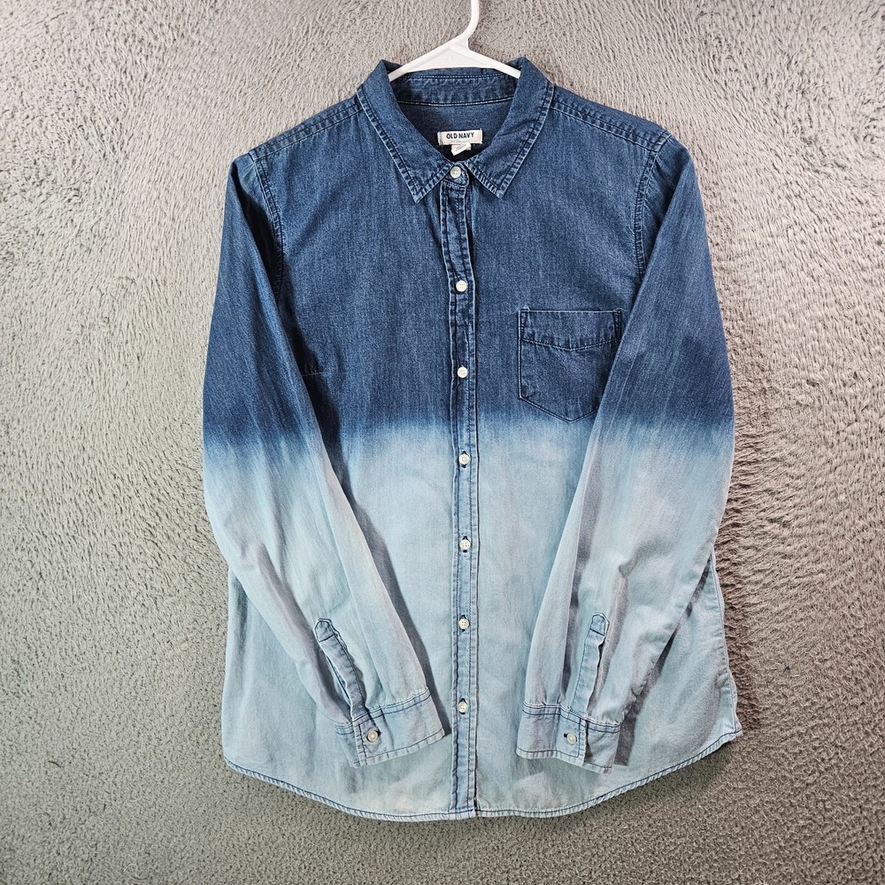 Old Navy‎ Denim Shirt Women Medium Button Up Long Sleeve Ombre Blue - Flaw